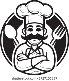 Chef com bigode e braços cruzados