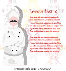 chef with mustache hands folded in his uniform, on a vintage background and sample text.