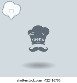 Chef with mustache icon with shadow. Cloud of download with arrow.