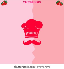 Chef with mustache vector  icon. Strawberry Background.