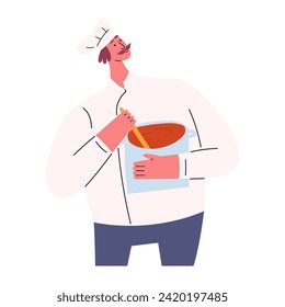 Chef with mustaches in uniform stirring food in pan, flat vector illustration isolated on white background. Cartoon character of professional chef cooking soup. Concepts of career and restaurants.