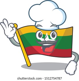 Chef Myanmar waving flag hoisted on pole, cartoon character.