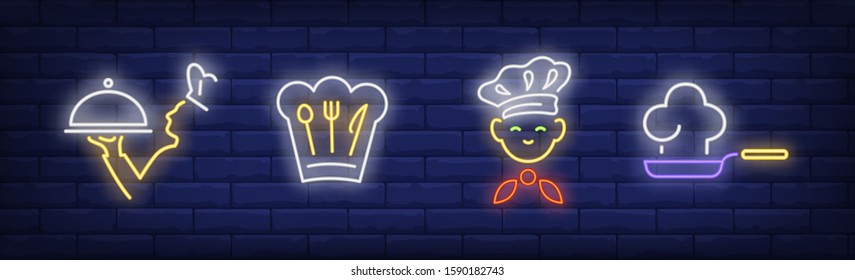 Chef neon sign set. Man, cap. dish, frying pan. Vector illustration in neon style, bright banner for topics like restaurant, cooking, catering