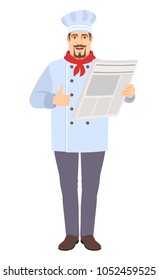 Chef with newspaper showing thumb up. Full length portrait of Chef in a flat style. Vector illustration.