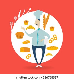 chef next to bakery illustration