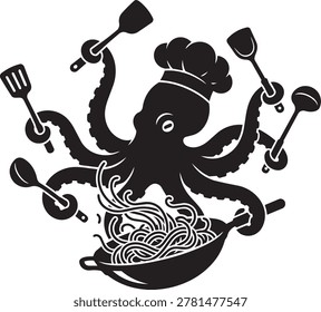 Chef octopus cooking pasta in wok pan vector illustration