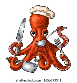 Chef octopus dressed in the cook hat. Vector color vintage engraving illustrations. Isolated on white background.