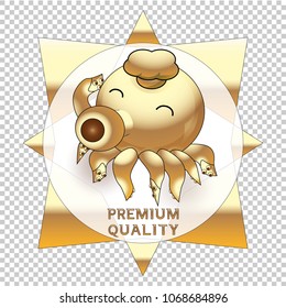 Chef octopus for premium quality product, Vector sticker logo for best octopus, squid, cuttlefish, seafood and restaurant.