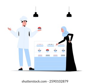 Chef Offering Cupcake to Muslim Woman in Bakery in Flat Vector Illustration Symbolizing Customer Service, Dessert Selection, and Cultural Diversity, Isolated on White Background