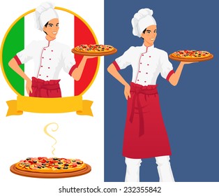 Chef offers to clients tasty classical italian food. Pizza are very appetizing. Man wears cook uniform, hat and red apron. Isolated vector on white background./Italian tasty pizza and man chef
