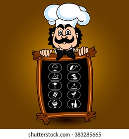 Chef offers a menu and a set of food icons. Vector illustration.