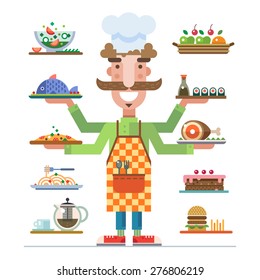 Chef offers a range of beautiful served dishes. Meal in a restaurant. Career in catering. Catering business. Vector flat illustration