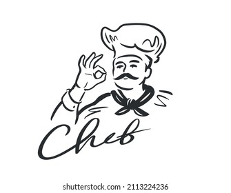 Chef con un delicioso signo de mano. Cocina, logo del restaurante. Ilustración del vector