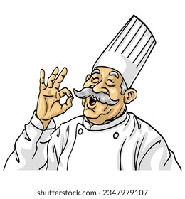 Chef Old Bearded OK Okay Hand Sign Cartoon Illustration Vector