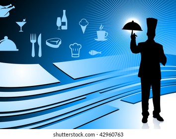Chef on blue dinner background Original Vector Illustration