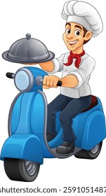 A chef on a delivery scooter moped or motorcycle delivering food on a plate platter or tray cloche cartoon mascot illustration