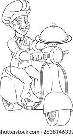A chef on a delivery scooter moped or motorcycle delivering food on a plate platter or tray cloche cartoon mascot illustration