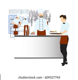 Chef on the kitchen on white background. Restaurant kitchen interior with staff