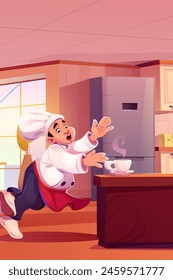 Chef on restaurant kitchen with cup of coffee. Professional character worker in staff room 2d modern graphic. Man in cafeteria serving table and falling in culinary with hat. Catering preparation