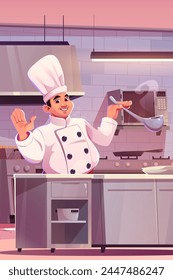 Chef on restaurant kitchen interior cook food vector commercial illustration. Professional equipment and man character busy cooking scene. 3d dish preparation with cooker cartoon graphic background