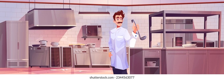 Chef en la cocina del restaurante. Trabajador profesional de la industria alimentaria comercial. Cafetería interior con mobiliario, nevera, horno y cocinero hombre, ilustración de vectores de dibujos animados