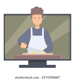 Chef is on a tv screen, holding a knife and cutting vegetables on a cooking show