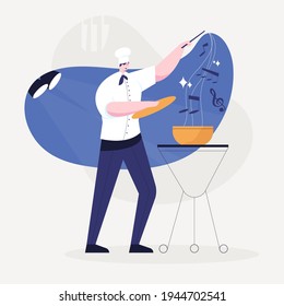 Chef is on a TV show, cooking with music. He made arapan, cast a beautiful magic. he cooks like magic and beautiful. Fragrant and appetizing. vector illustration flat design