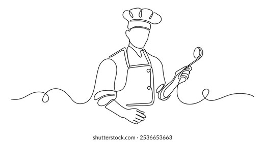 Chef in one continuous line drawing. Cook in uniform working in kitchen in simple linear style. Symbol of food and restaurant in editable stroke. Doodle oneline vector illustration