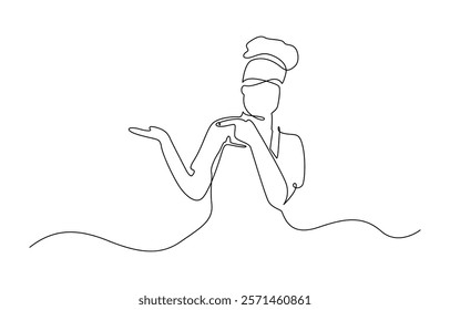 Chef in one continuous line drawing. Cook in uniform working in kitchen in simple linear style. One continuous single drawing line art flat doodle chef, cooking, indoors, kitchen, creativity.