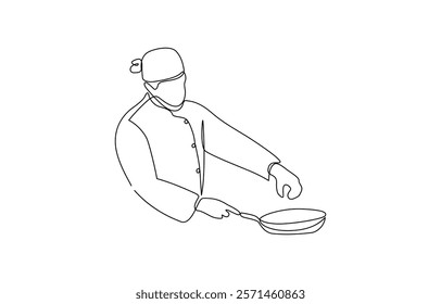 Chef in one continuous line drawing. Cook in uniform working in kitchen in simple linear style. One continuous single drawing line art flat doodle chef, cooking, indoors, kitchen, creativity.