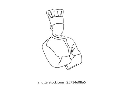 Chef in one continuous line drawing. Cook in uniform working in kitchen in simple linear style. One continuous single drawing line art flat doodle chef, cooking, indoors, kitchen, creativity.