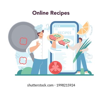 Servicio o plataforma en línea del chef. Especialista culinario en apron que prepara sabrosos platos. Trabajador profesional en la cocina. Recetas en línea. Ilustración vectorial plana