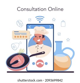 Chef-Online-Service oder Plattform. kulinarische Spezialitäten und leckere Gerichte nach Kochtechnik. Online-Konsultation. Flache Vektorgrafik