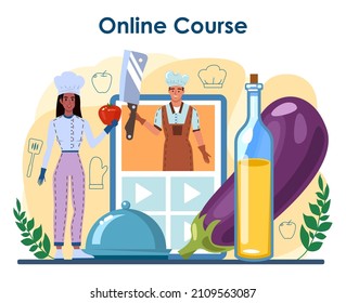 Chef online service or platform. Culinary specialist making and serving a tasty dish. Professional worker in apron on the kitchen. Online course. Flat vector illustration