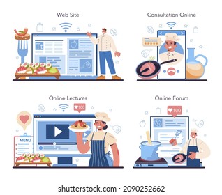 Chef online service or platform set. Culinary specialist making and serving a tasty dish according cooking technology. Online consultation, forum, lecture, website.. Flat vector illustration
