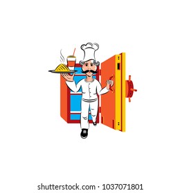 Chef opening a food treasure box door vector. isolated chef illustration.