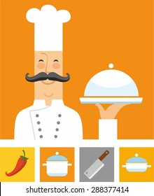 Chef, orange and colored flat icons. A coloured flat image of the chef and the four colored icons with the attributes of the restaurant and kitchen. For printing and websites. 