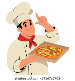 Chef embalando pizza na caixa parte da cozinha italiana fast food restaurante take out serviço de entrega vetor coleção ilustração perfeito para design culinário
