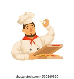 Chef Packing Pizza In Box,Part Of Italian Fast Food Cuisine Restaurant Takeout Delivery Service Collection Of Illustrations
