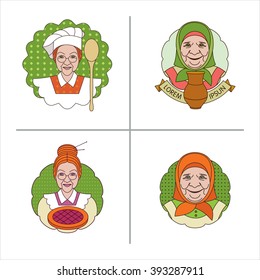 Chef. CafÃ?Â©, pastry shop. Natural farm products. Set of 4 vector logos.