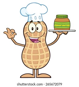 Chef Peanut Cartoon Character Holding A Jar Of Peanut Butter. Vector Illustration Isolated On White
