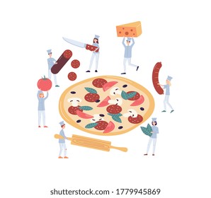 Chef people cooking giant pizza - cartoon cooks cutting food ingredients for Italian dish. Vector illustration of pizzeria team making huge pepperoni pizza.