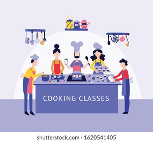 Chef and people group cooking food together at kitchen table flat cartoon style, vector illustration on interior background. Men and women in aprons at culinary class