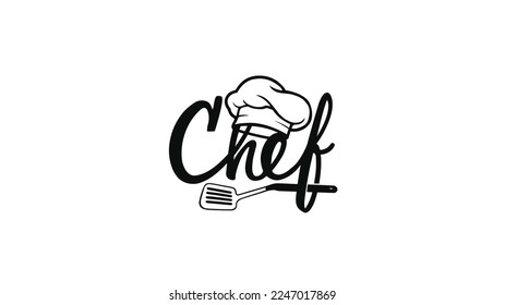Chef Phrase Hat and Spatula Symbol Text Font Letter logo Vector Design Illustration