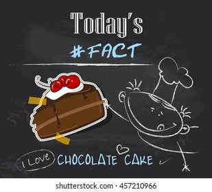 A Chef and a piece of chocolate cakes on blackboard / I love chocolate cake / Freehand drawing on a chalkboard