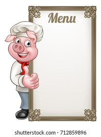A chef pig cartoon character mascot with a menu sign board giving thumbs up