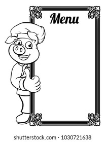 A chef pig cartoon mascot character with a menu sign giving thumbs up
