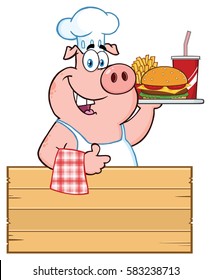 Chef Pig Cartoon Mascot Character Holding A Tray Of Fast Food Over A Wooden Sign Giving A Thumb Up. Vector Illustration Isolated On White Background