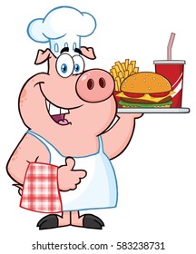 Chef Pig Cartoon Mascot Character Holding A Tray Of Fast Food And Giving A Thumb Up. Vector Illustration Isolated On White Background