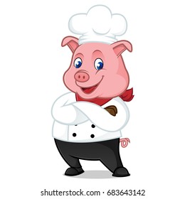 Chef pig cartoon mascot folding hands isolated on white background